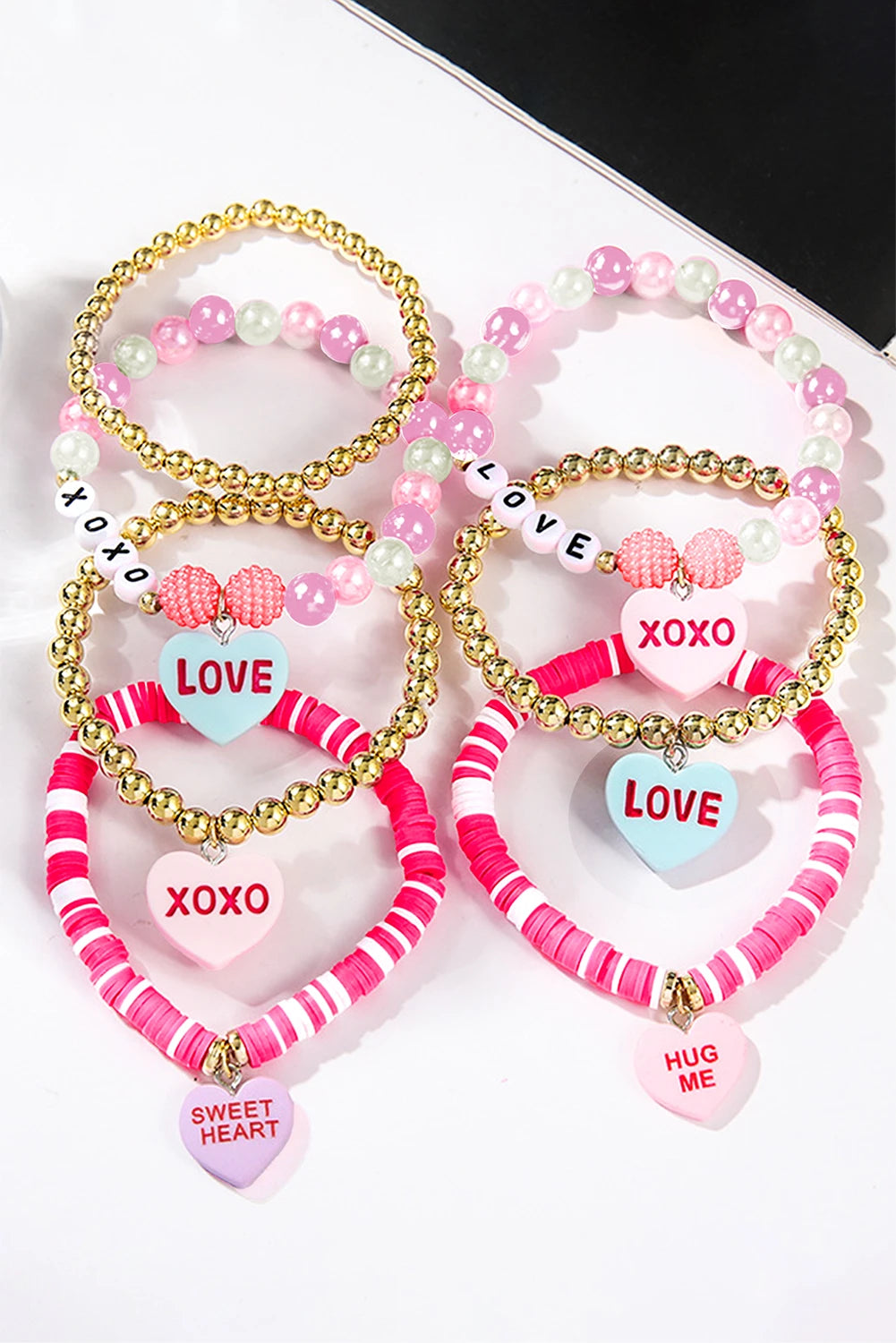 Bonbon Valentine Heart Pendant Beaded Elastic Bracelet Set
