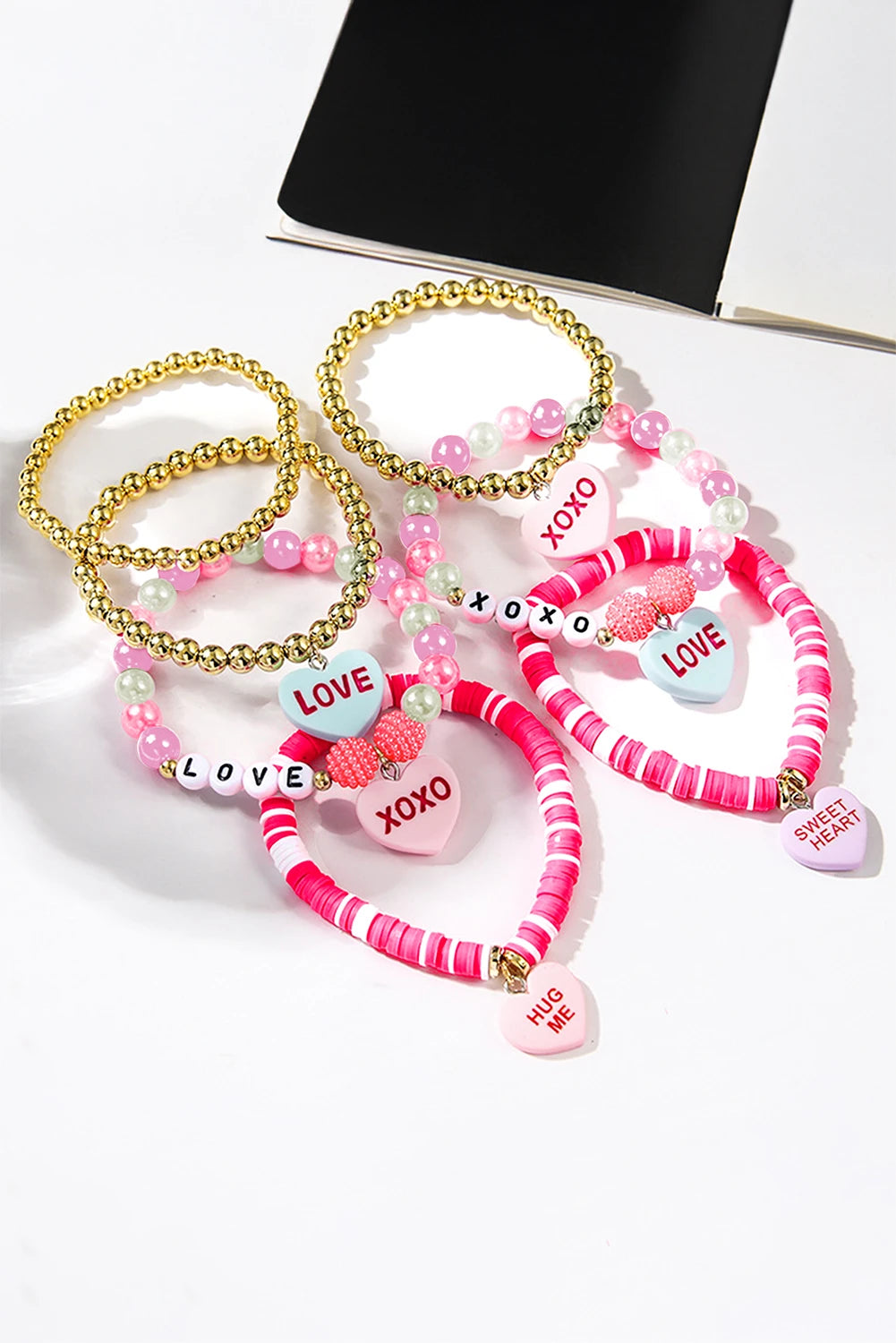 Bonbon Valentine Heart Pendant Beaded Elastic Bracelet Set