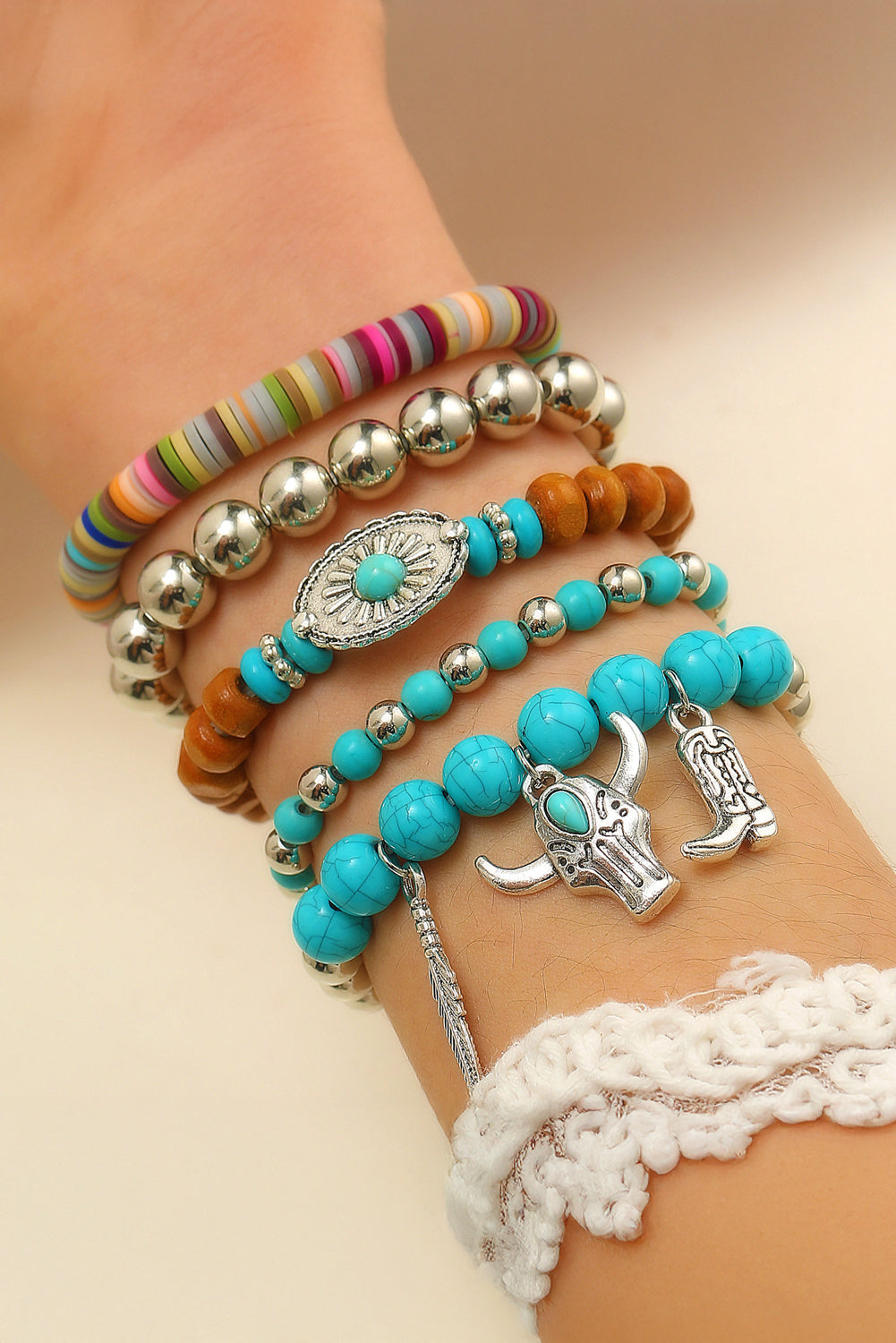Turquoise Western Pattern Turquoise Beaded Multi Layer Bracelet Set