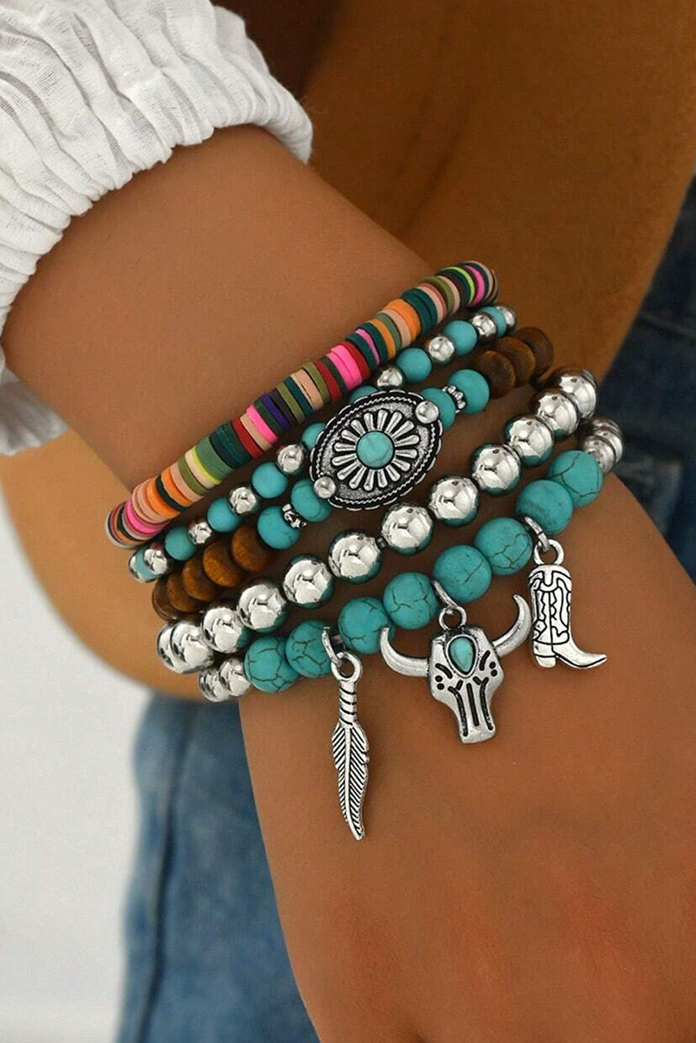 Turquoise Western Pattern Turquoise Beaded Multi Layer Bracelet Set