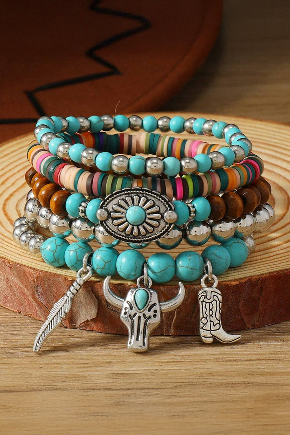 Turquoise Western Pattern Turquoise Beaded Multi Layer Bracelet Set