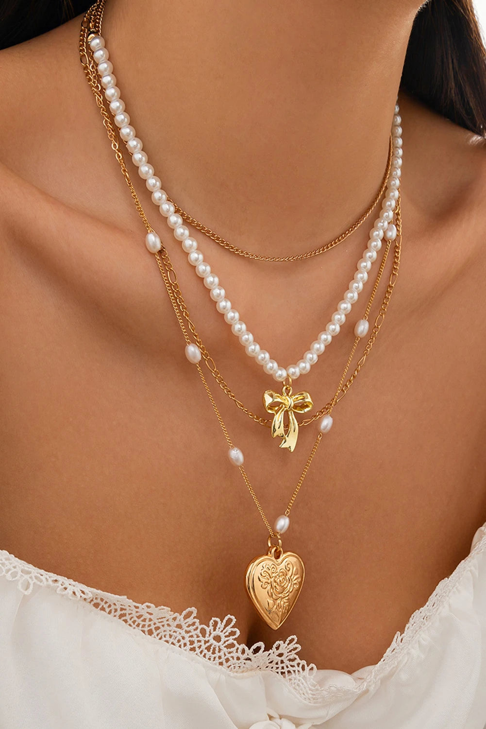 Gold Plated Bow Heart Pendant Pearl Beading Multilayer Necklace