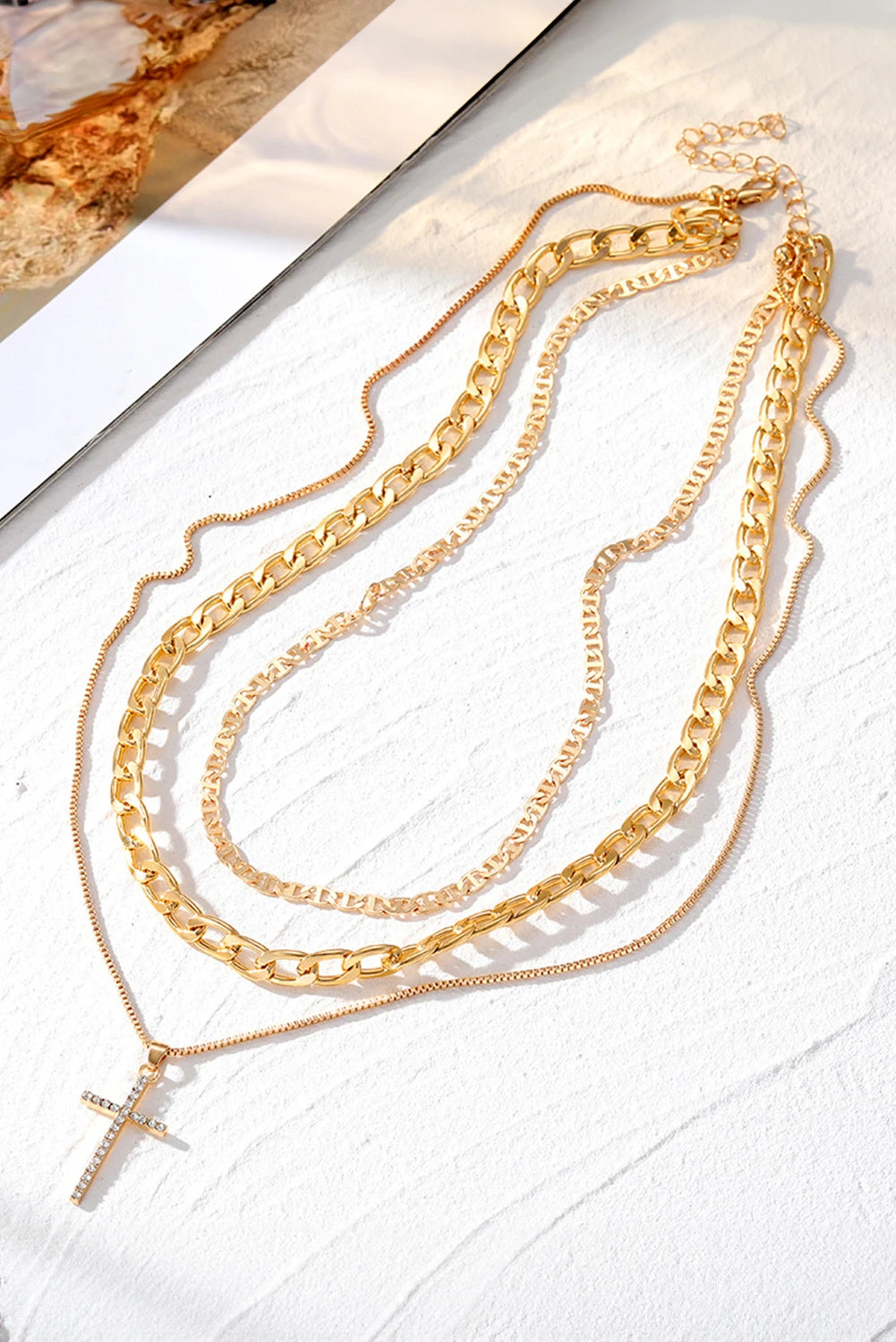 Gold Plated Cross Pendant Multi Layer Stacked Chains Necklace