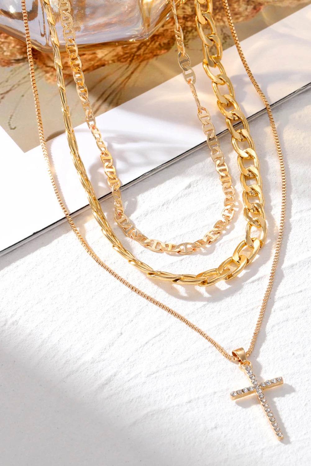 Gold Plated Cross Pendant Multi Layer Stacked Chains Necklace