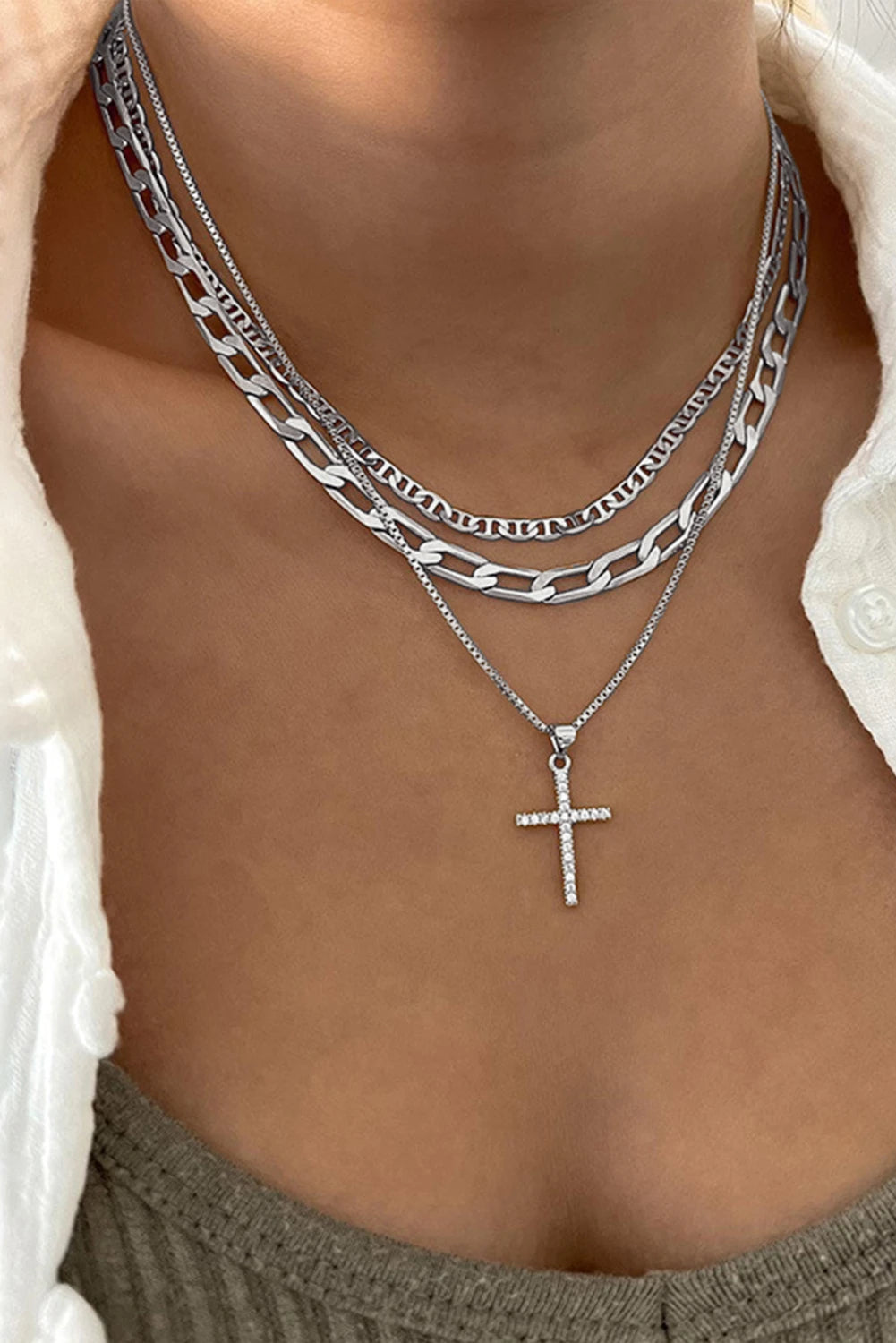 Gold Plated Cross Pendant Multi Layer Stacked Chains Necklace