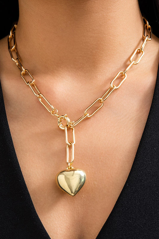 Gold Plated Paperclip Chain 3D Heart Pendant Necklace