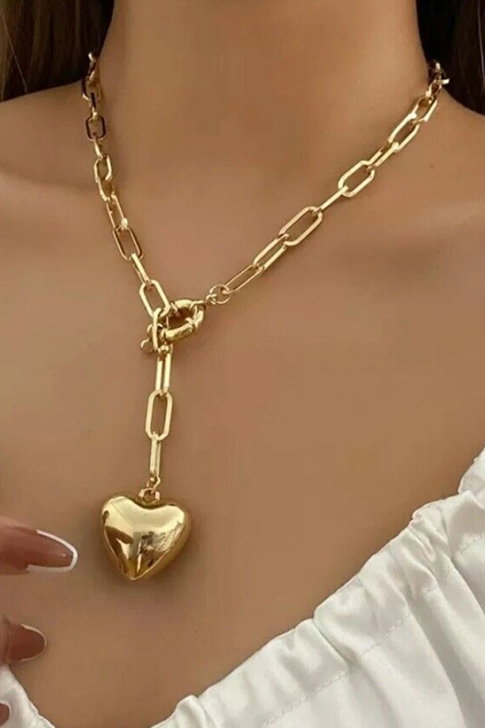 Gold Plated Paperclip Chain 3D Heart Pendant Necklace