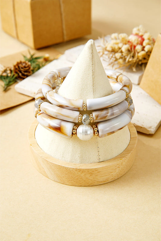 White 3pcs Marbled Tube Pearl Bead Stretch Bracelet Set