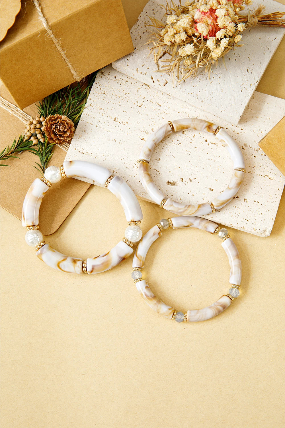 White 3pcs Marbled Tube Pearl Bead Stretch Bracelet Set