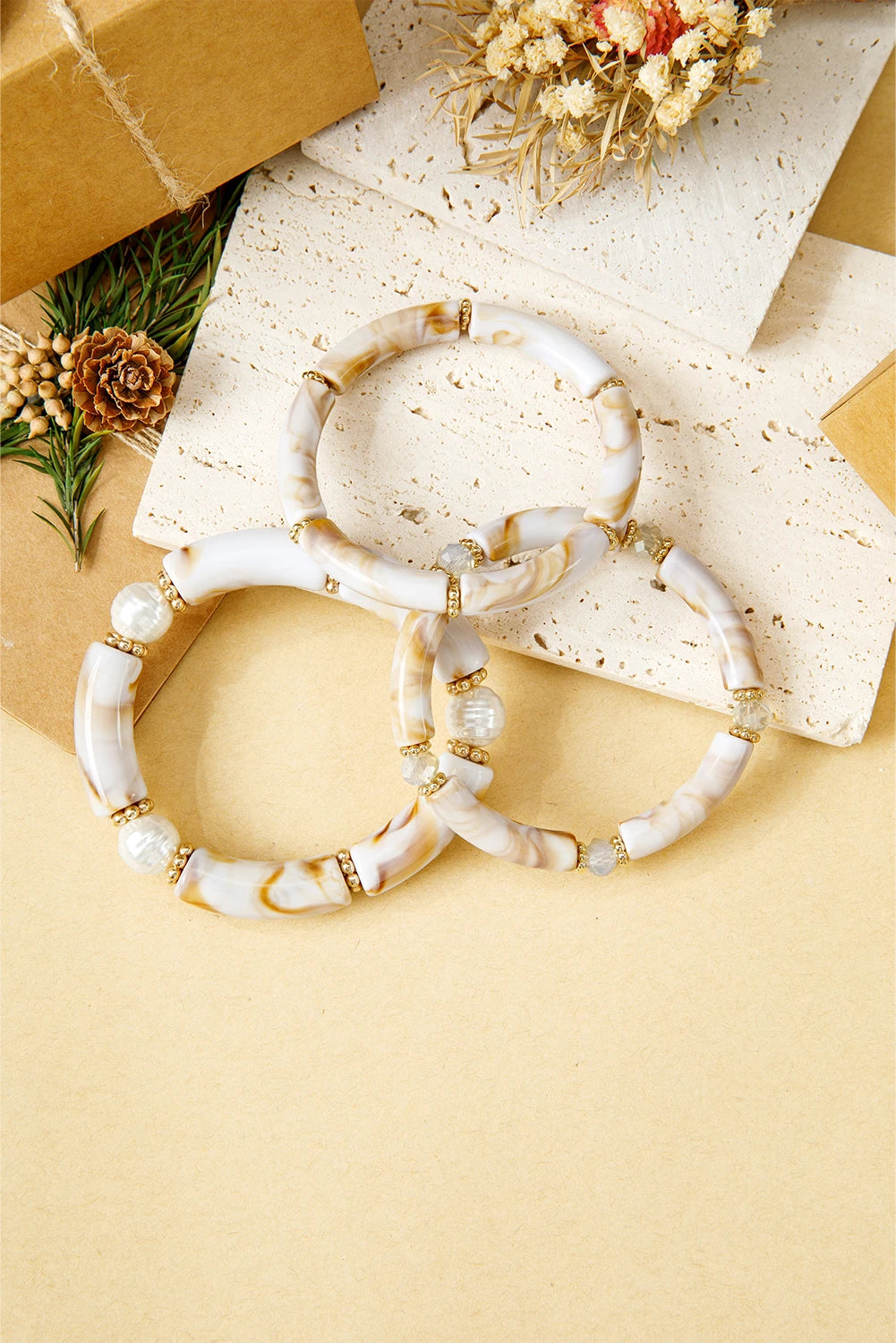 White 3pcs Marbled Tube Pearl Bead Stretch Bracelet Set