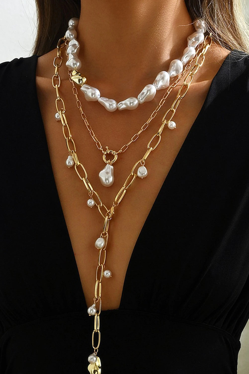 Gold Alloy Plated Chain Baroque Pearl 3pcs Layered Necklace Set