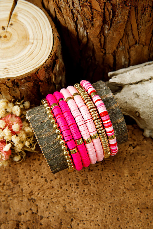 Bright Pink 7pcs Gold Plated Clay Beading Multi Layered Bracelet Set