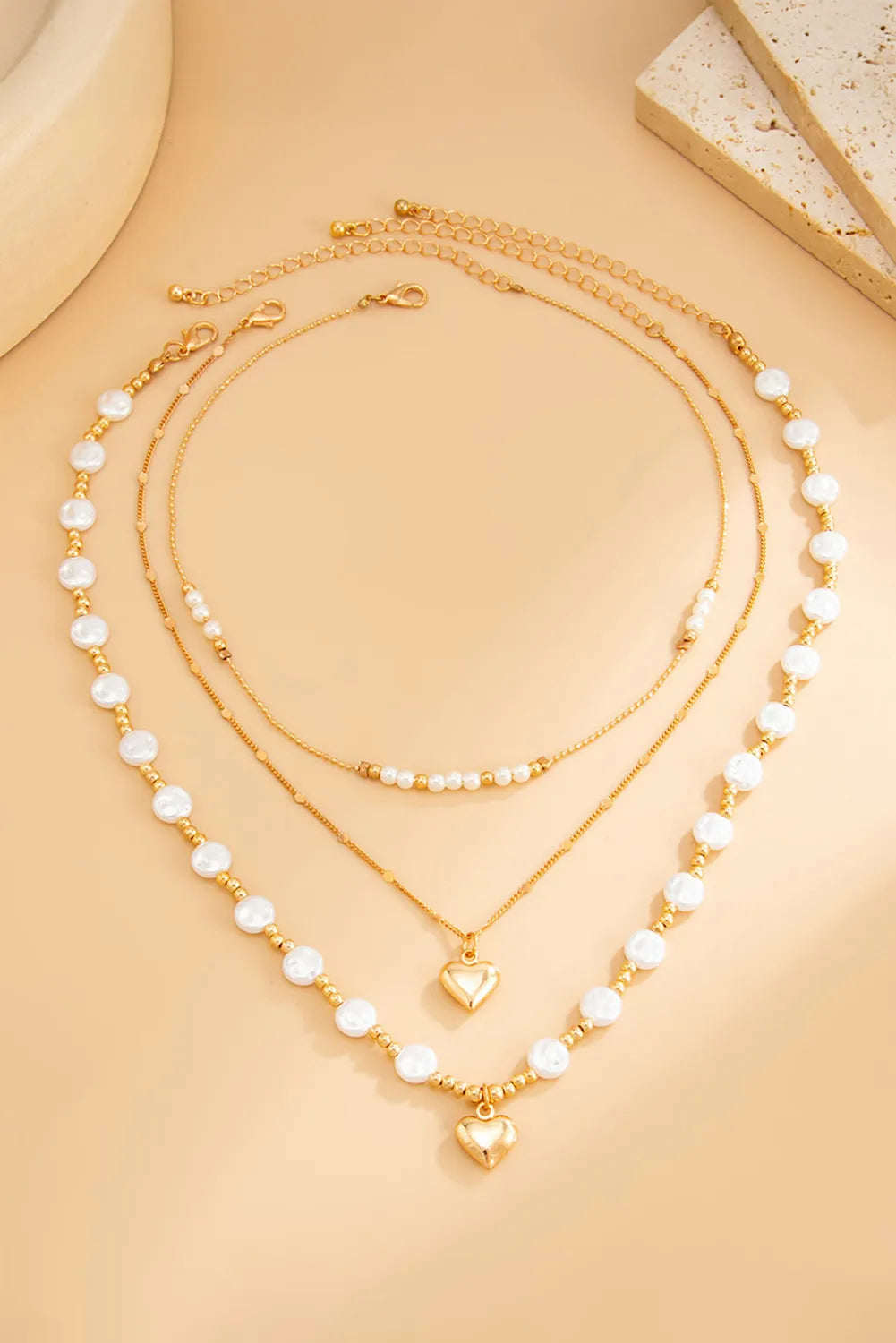 Gold Plated Heart Charm Pearl Detail 3pcs Layered Necklace Set