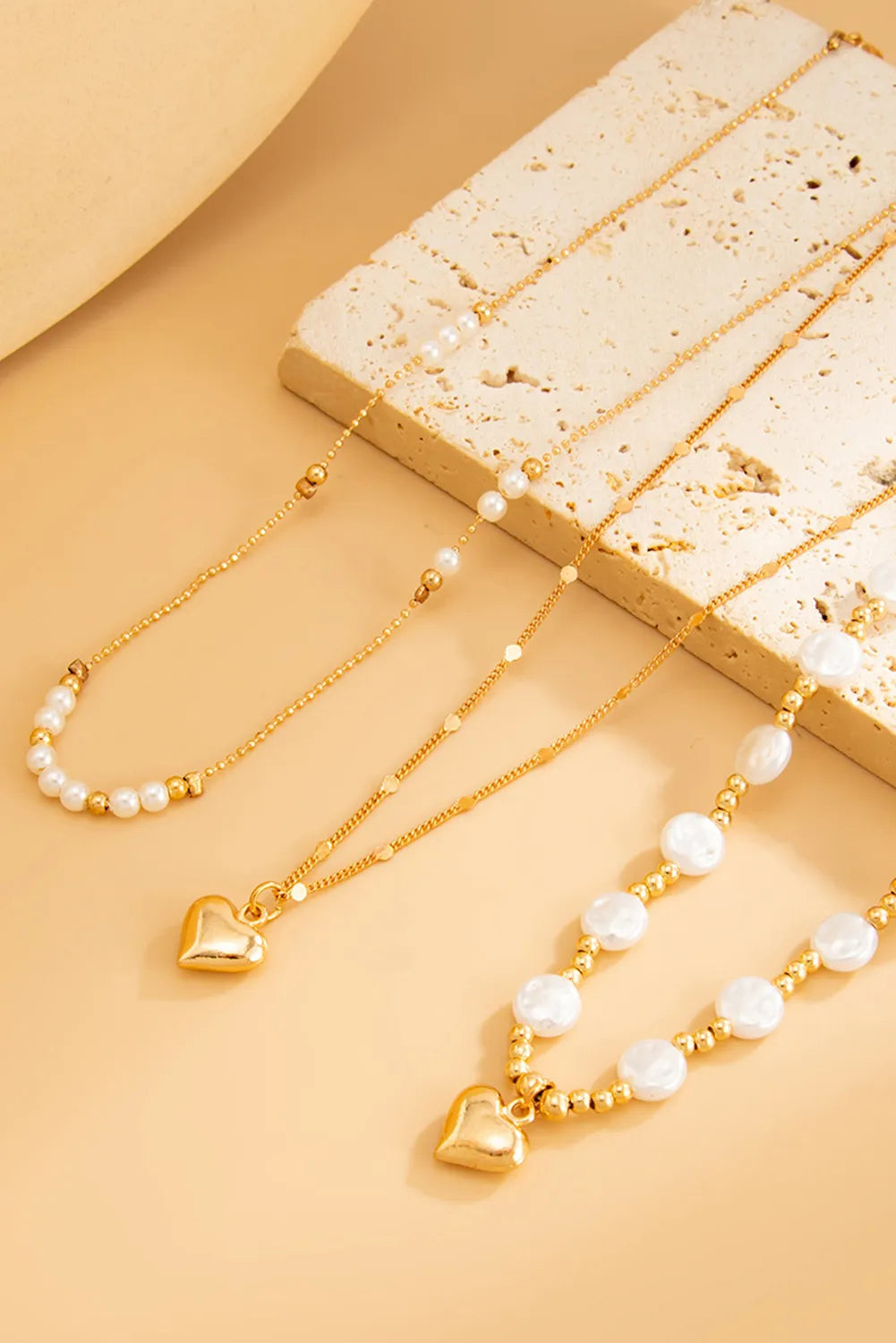 Gold Plated Heart Charm Pearl Detail 3pcs Layered Necklace Set