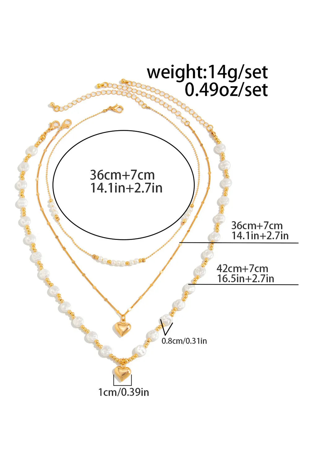 Gold Plated Heart Charm Pearl Detail 3pcs Layered Necklace Set