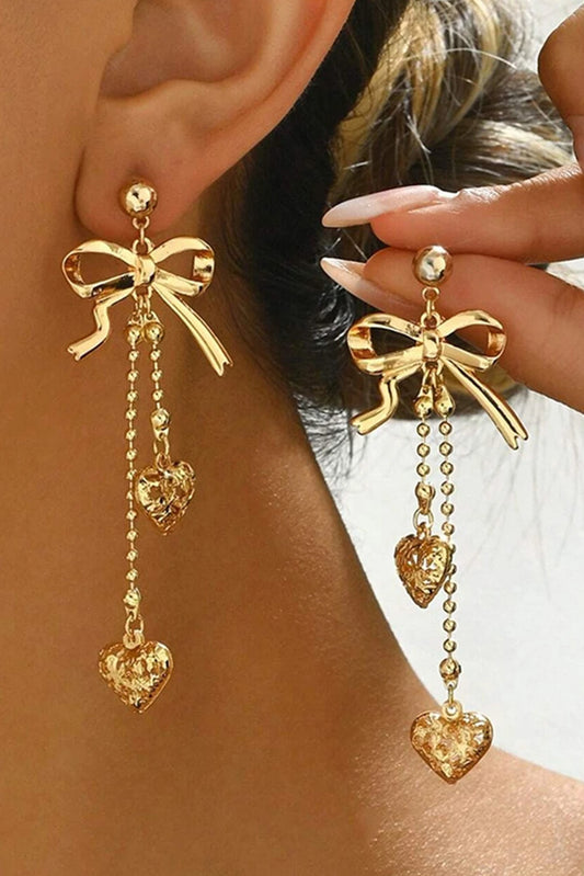 Gold Plated Alloy Bow Beading Heart Dangle Earrings