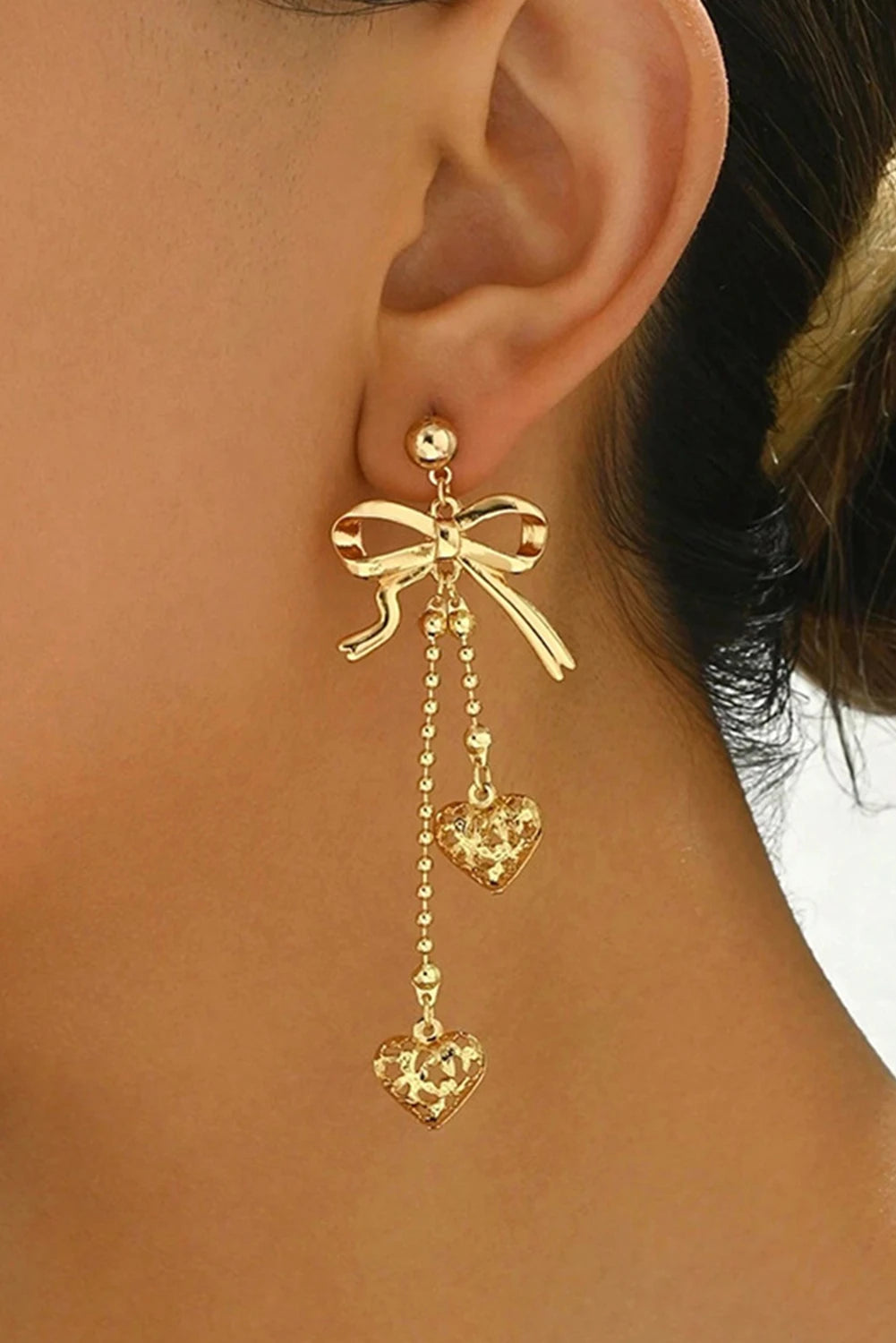 Gold Plated Alloy Bow Beading Heart Dangle Earrings