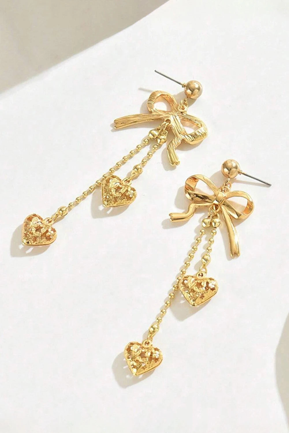 Gold Plated Alloy Bow Beading Heart Dangle Earrings