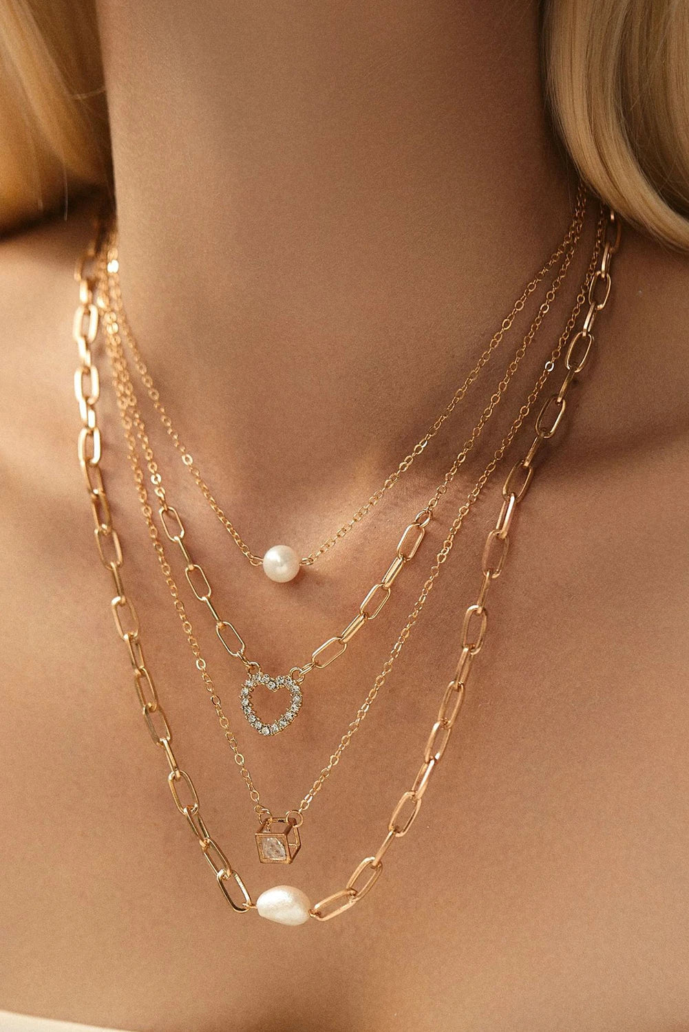 Gold 4pcs Pearl Cube Heart Pendant Plated Necklace Set