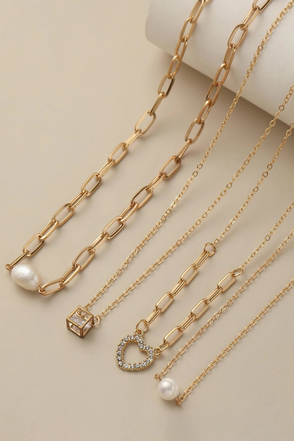 Gold 4pcs Pearl Cube Heart Pendant Plated Necklace Set