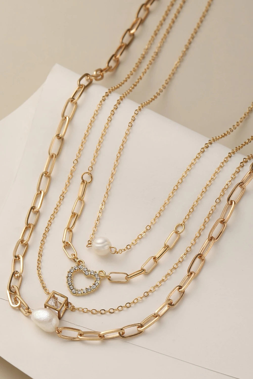 Gold 4pcs Pearl Cube Heart Pendant Plated Necklace Set