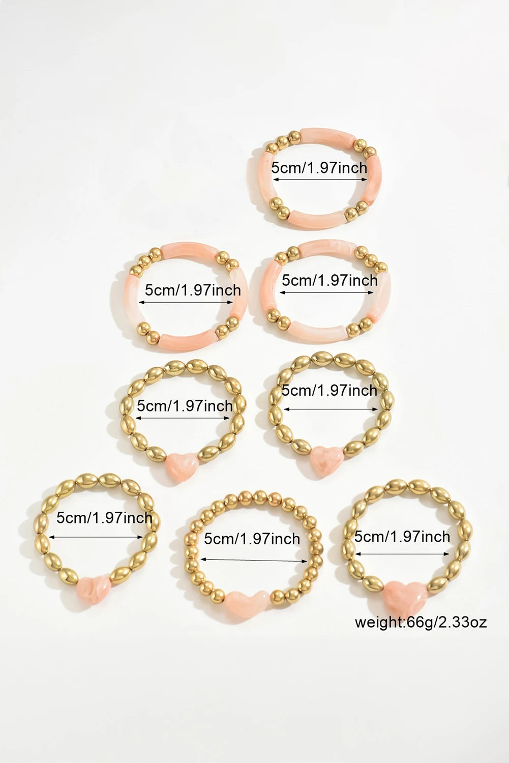 Gold Plated Bead Acrylic Detail 3D Heart Accent 8pcs Bracelet Set