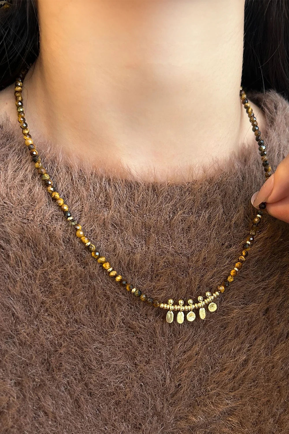 Gold Plated Detail Retro Tiger Eye Beaded Necklace