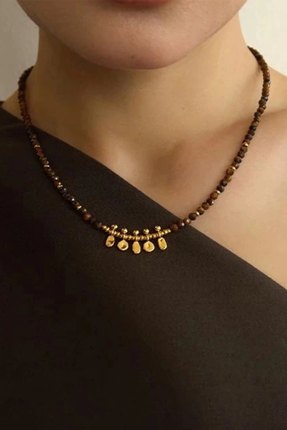Gold Plated Detail Retro Tiger Eye Beaded Necklace