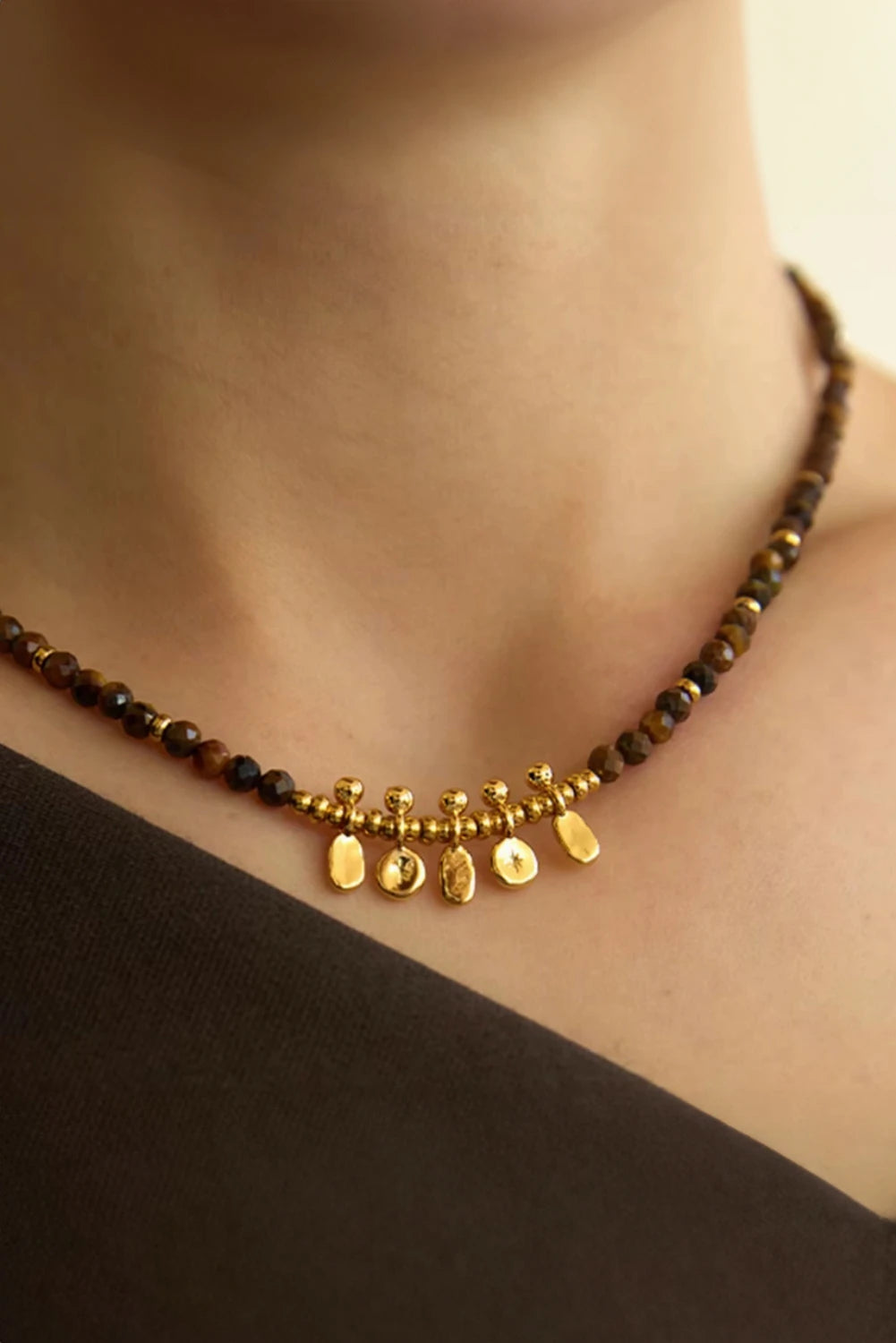 Gold Plated Detail Retro Tiger Eye Beaded Necklace