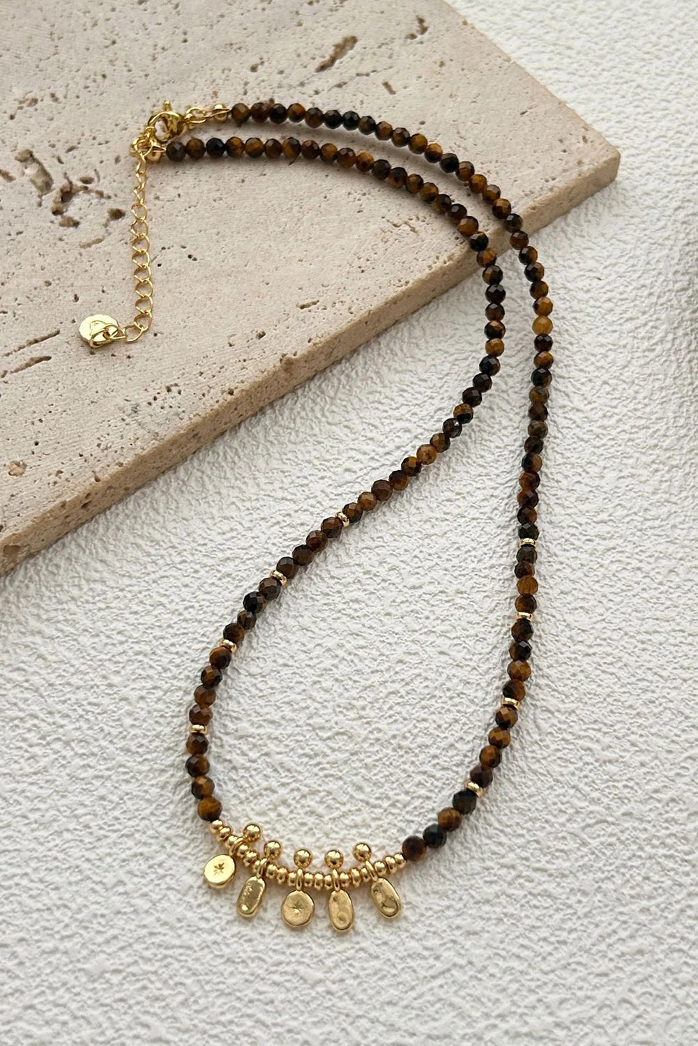 Gold Plated Detail Retro Tiger Eye Beaded Necklace