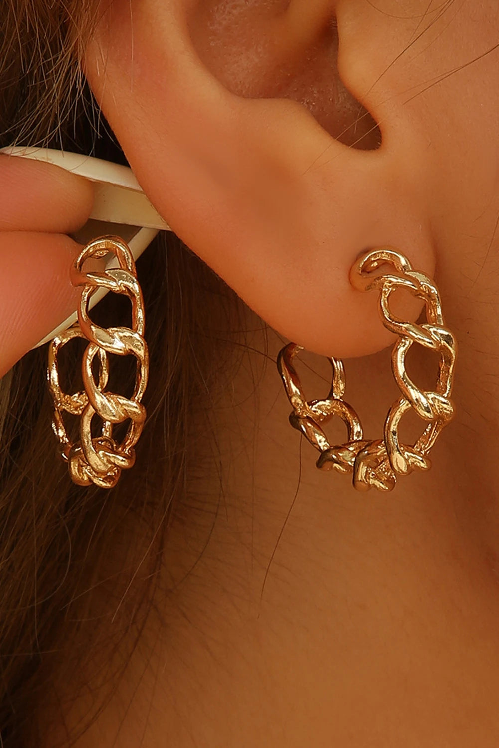 Gold Alloy Plated Round Hoop Chain Stud Earrings