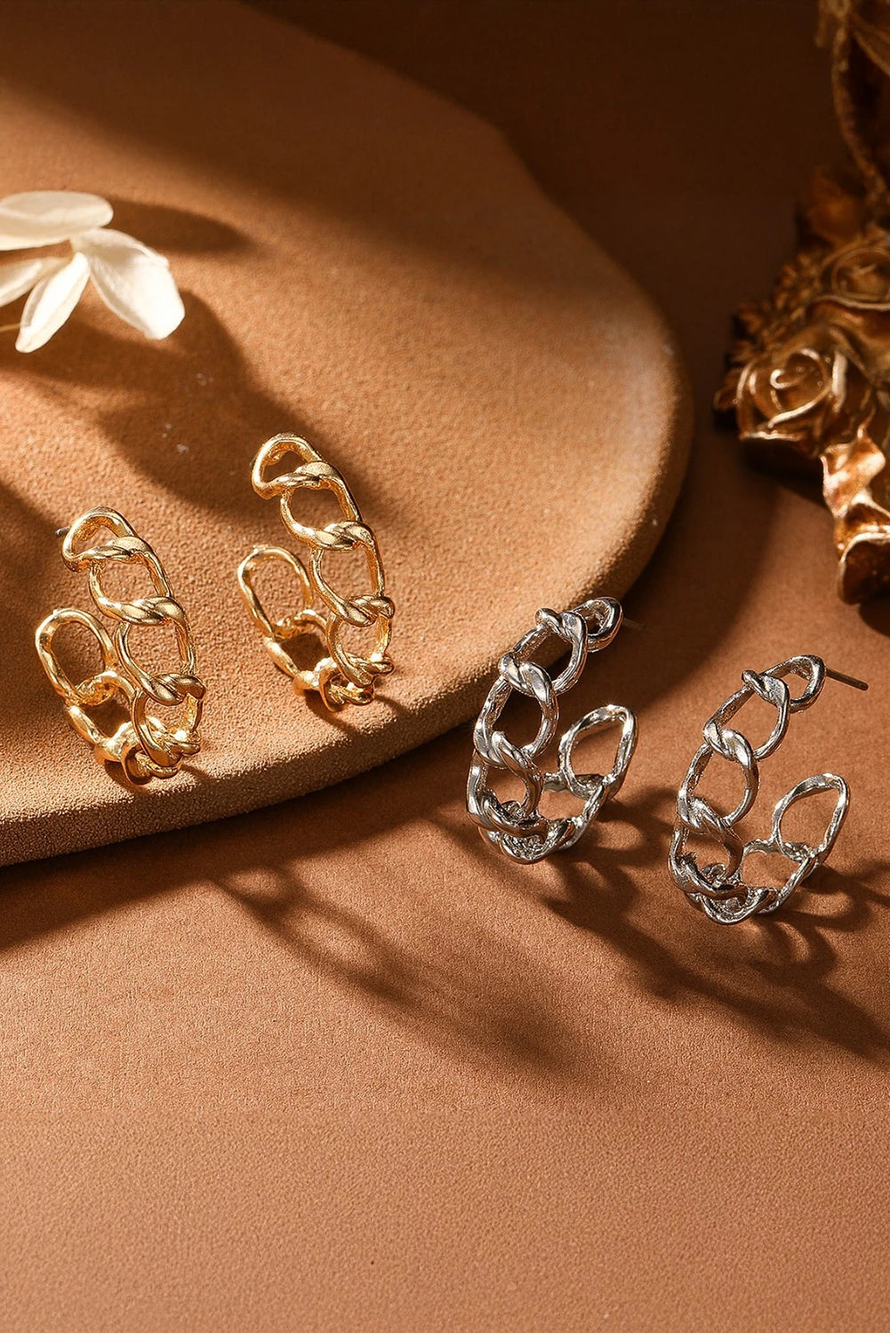 Gold Alloy Plated Round Hoop Chain Stud Earrings