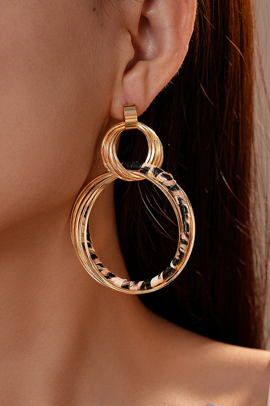 Gold Multi Hoop Leopard Detail Boho Fashion Earrings