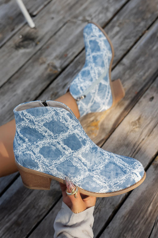 Light Blue Jean Distressed Rhombus Pattern Size Zip Heeled Boots