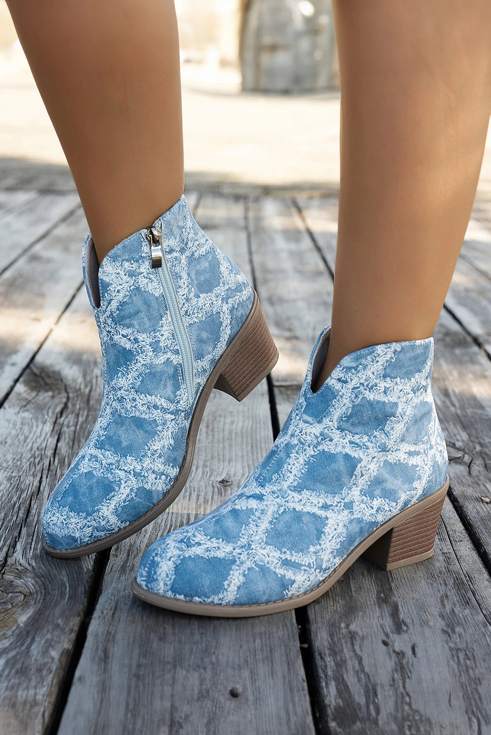 Light Blue Jean Distressed Rhombus Pattern Size Zip Heeled Boots