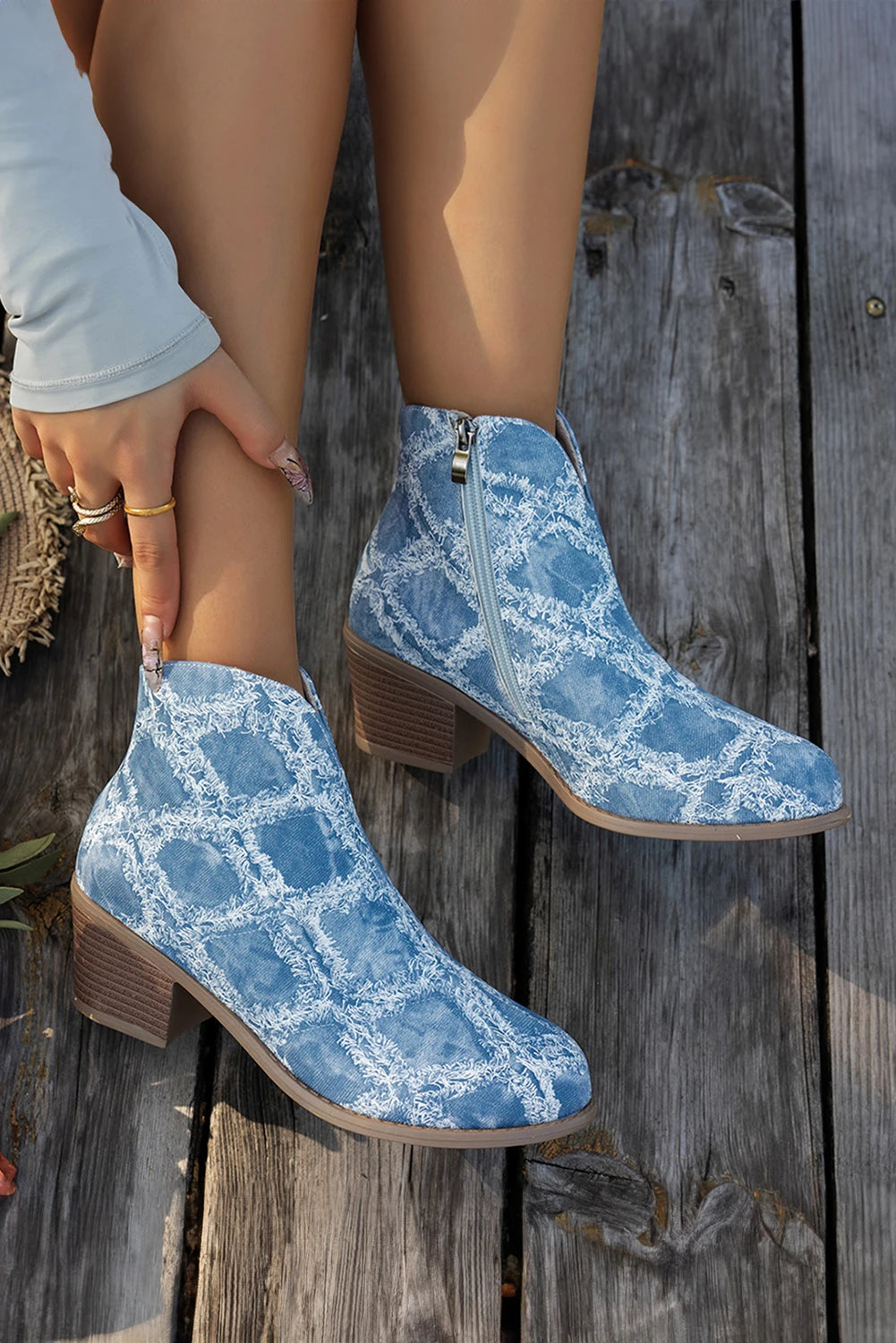 Light Blue Jean Distressed Rhombus Pattern Size Zip Heeled Boots