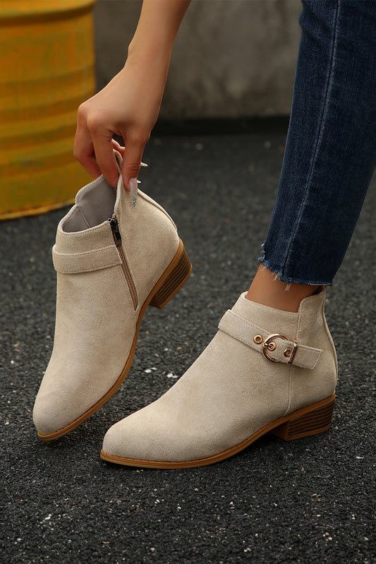 Beige Classic Buckle Strap Chunky Heel Suede Boots