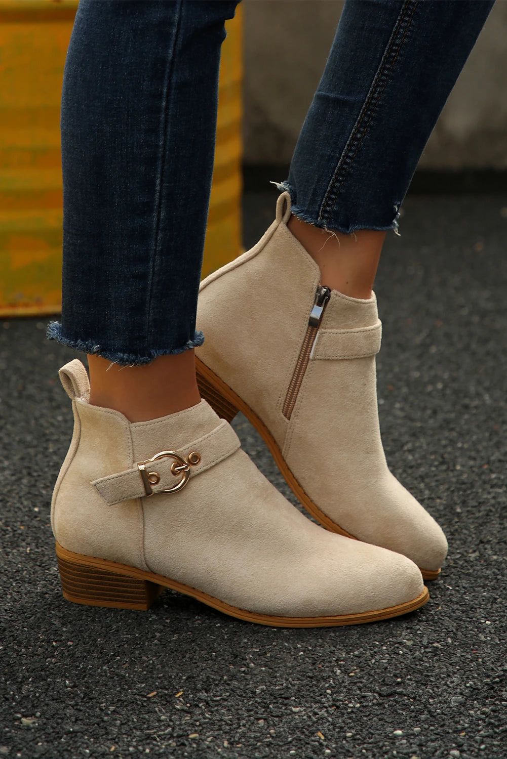 Beige Classic Buckle Strap Chunky Heel Suede Boots