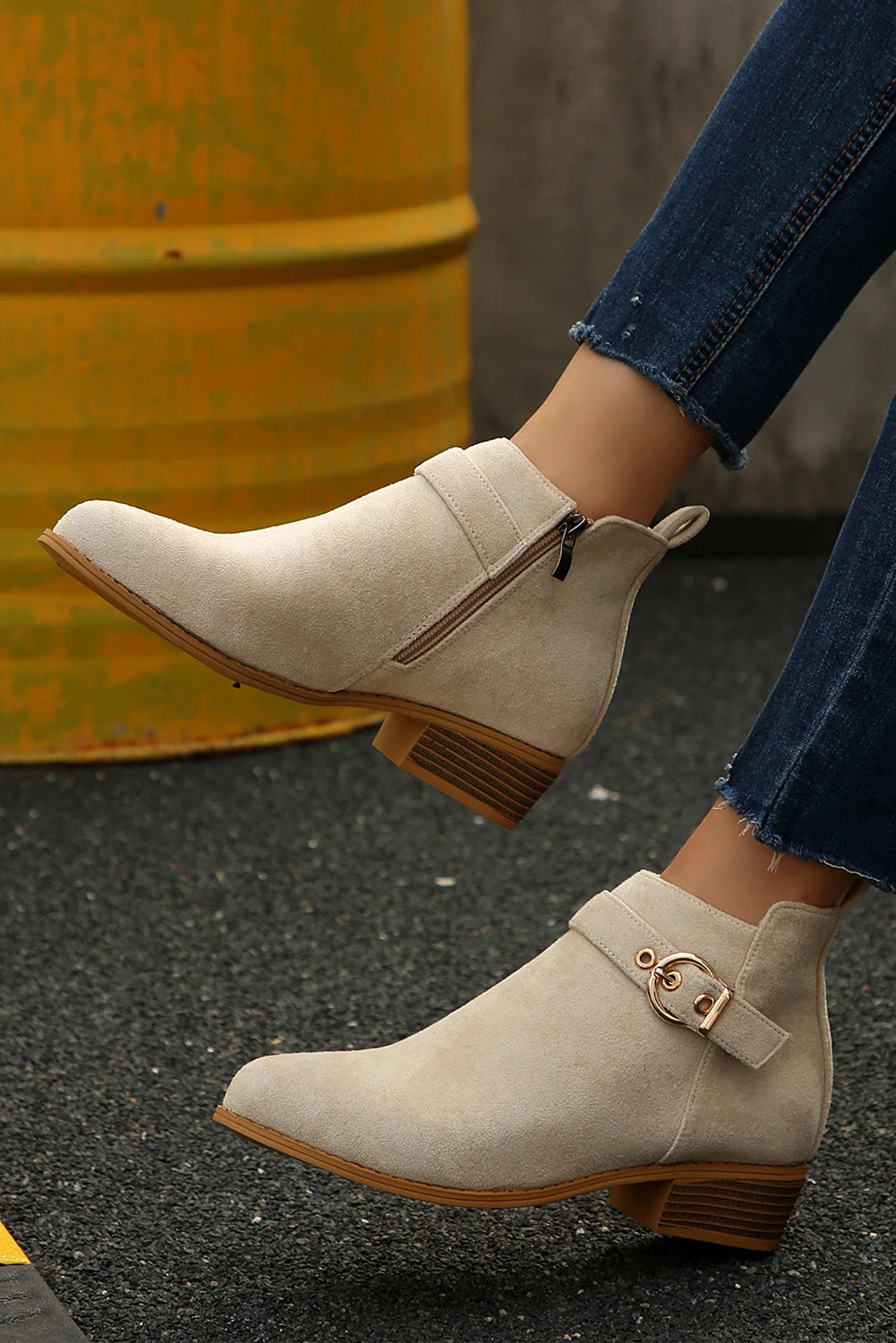 Beige Classic Buckle Strap Chunky Heel Suede Boots