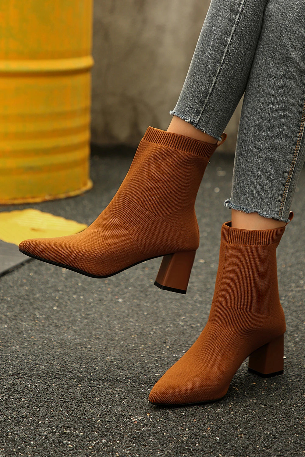 Thai Curry Solid Color Ribbed Knit Contrast Cuffed Chunky Heel Boots