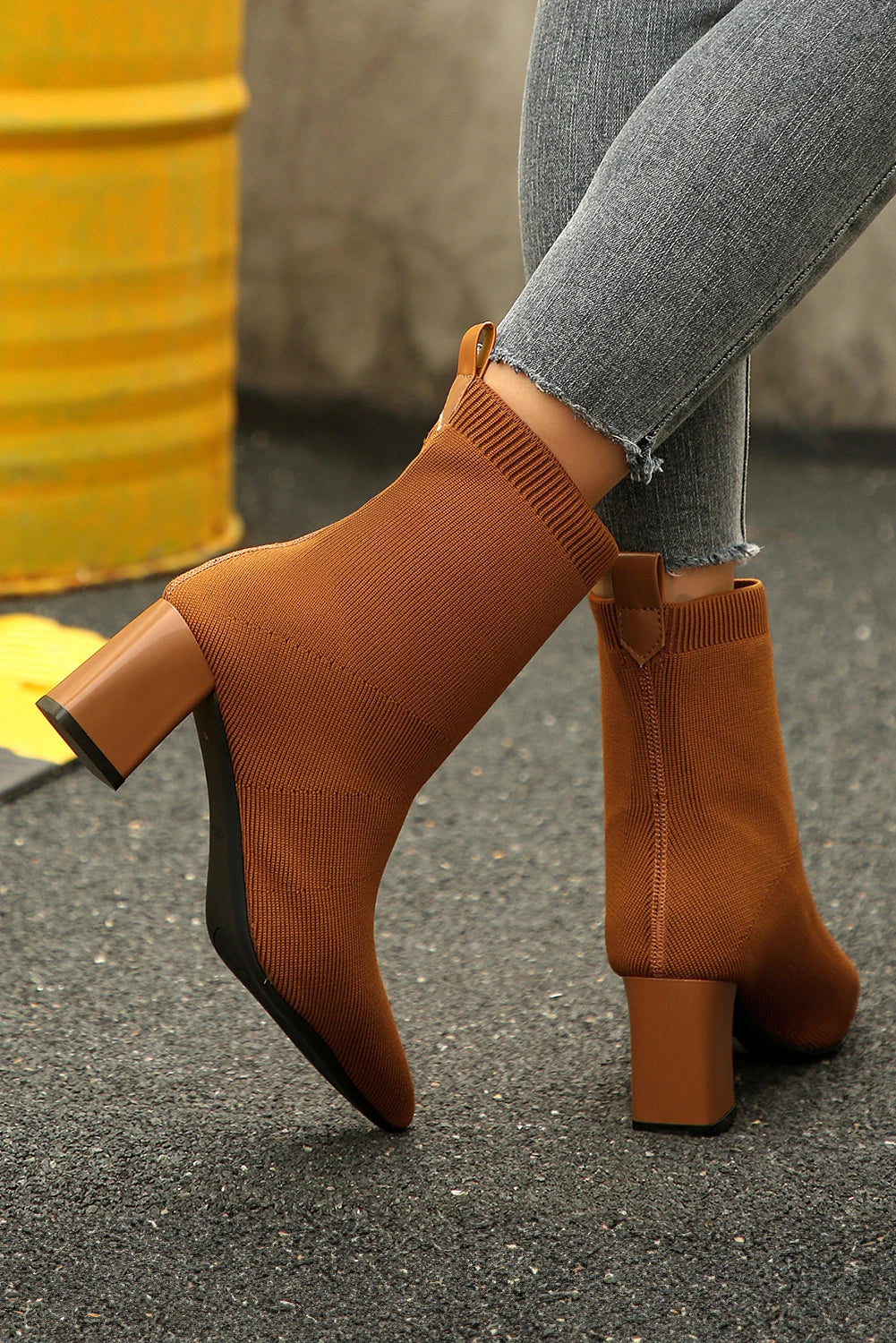 Thai Curry Solid Color Ribbed Knit Contrast Cuffed Chunky Heel Boots