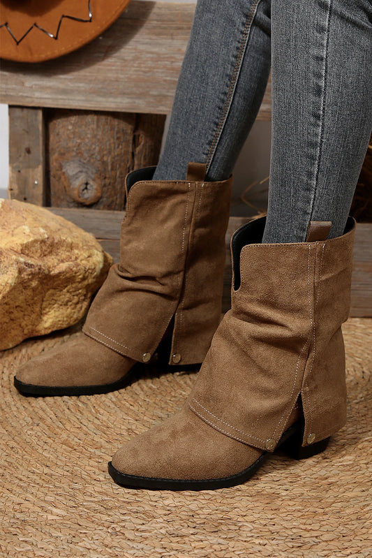 Brown Faux Suede Overlay Point Toe Block Heel Boots