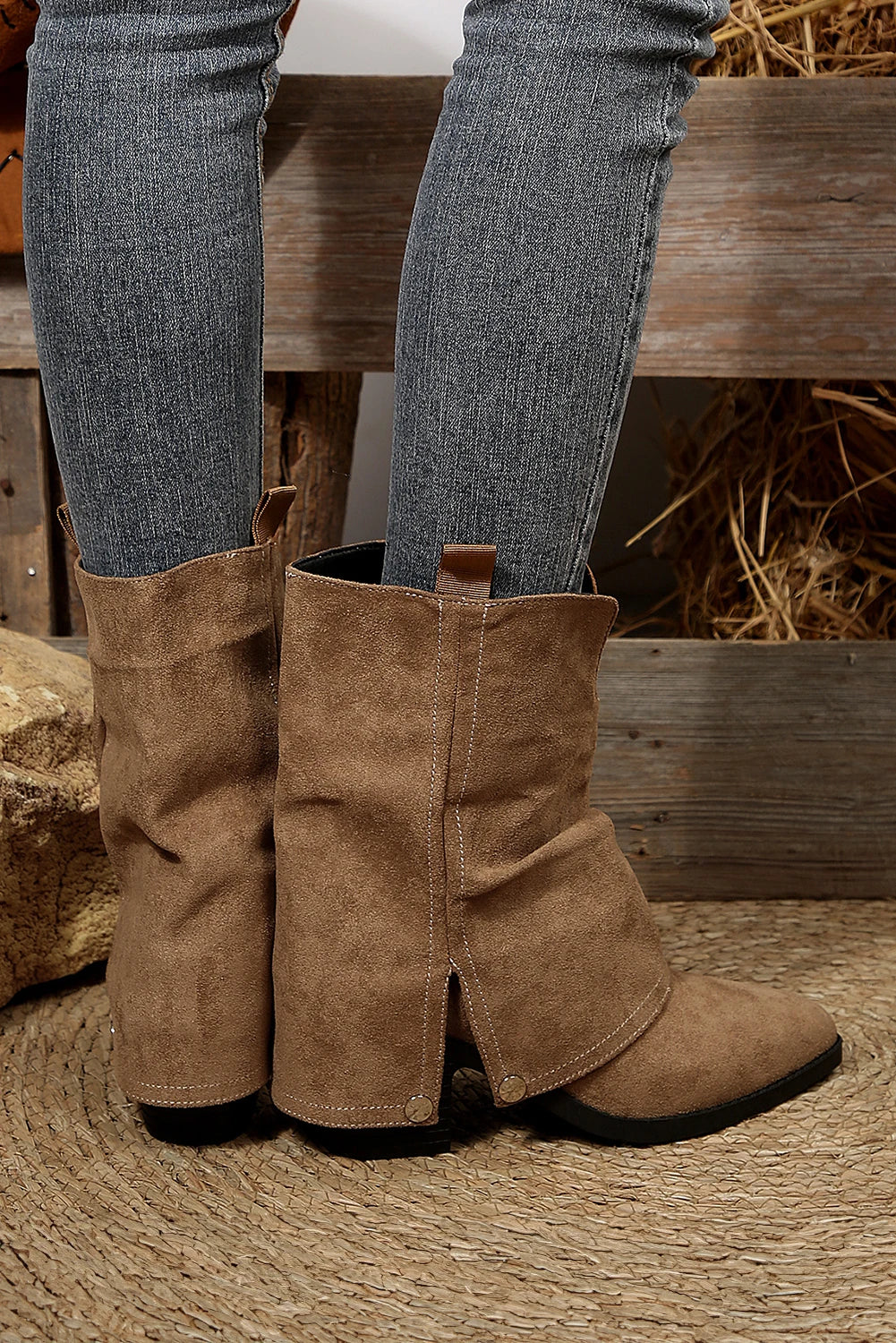 Brown Faux Suede Overlay Point Toe Block Heel Boots