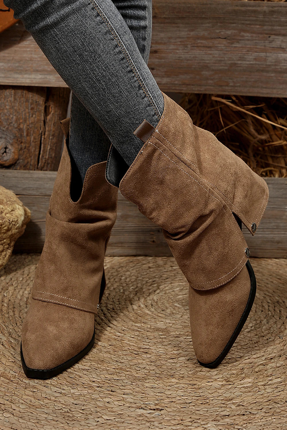 Brown Faux Suede Overlay Point Toe Block Heel Boots