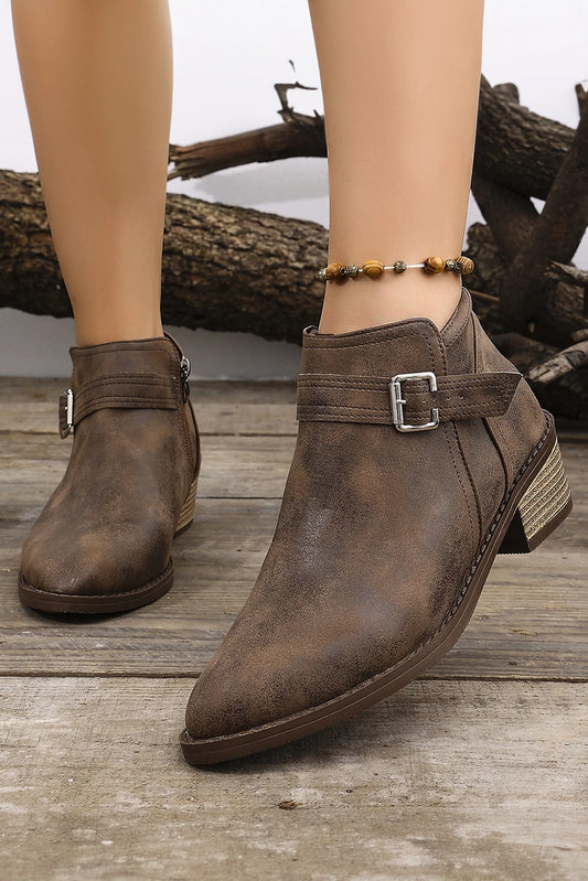 Chicory Coffee Retro PU Leather Buckle Strap Zip Side Ankle Boots