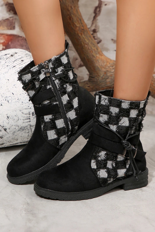 Black Faux Suede Frayed Checkered Patchwork Side Zip Boots