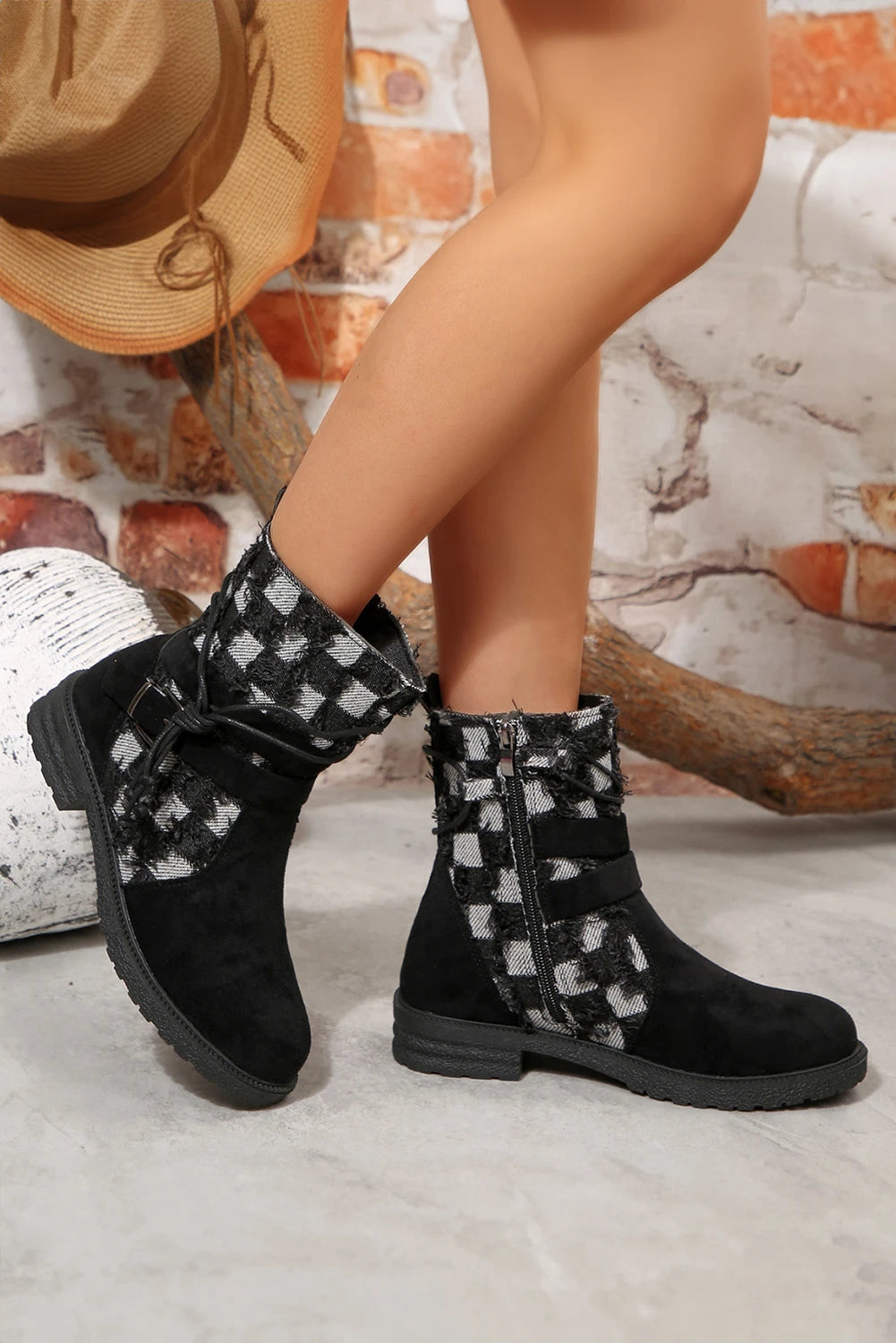 Black Faux Suede Frayed Checkered Patchwork Side Zip Boots