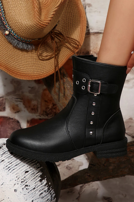 Black Grommet Studded Buckle Decor Side Zip Faux Leather Boots