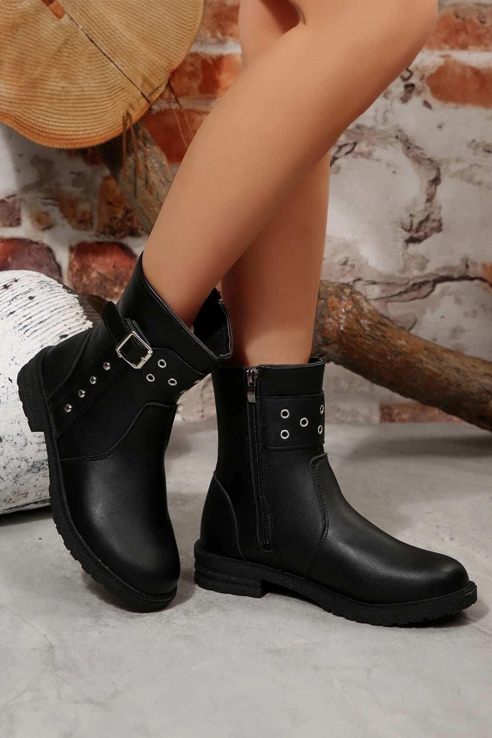 Black Grommet Studded Buckle Decor Side Zip Faux Leather Boots