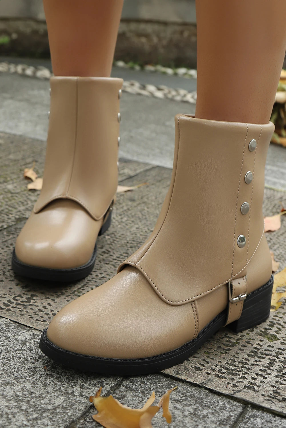 Light French Beige Faux Leather Studded Overlap Mid Calf Boots